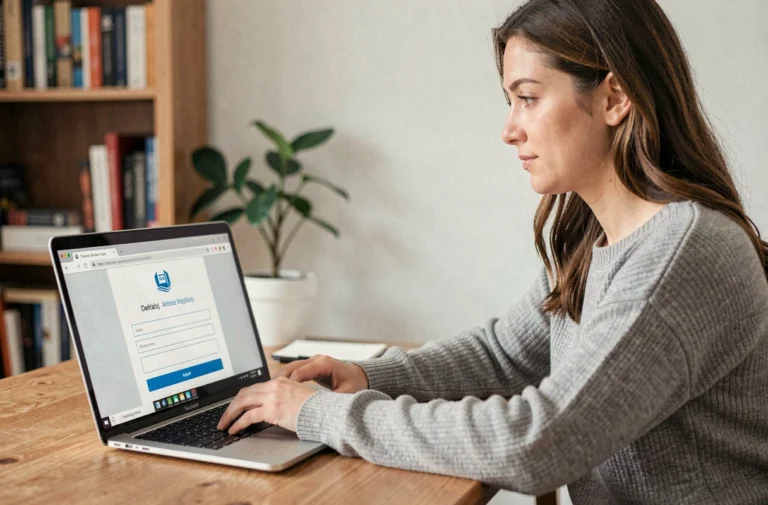 Femme accédant au portail Orchestra sur un ordinateur portable depuis son bureau à domicile