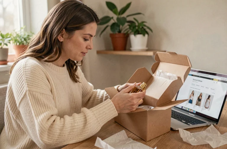 Femme comparant un flacon de parfum reçu en ligne avec sa commande, assise à un bureau en bois à la maison