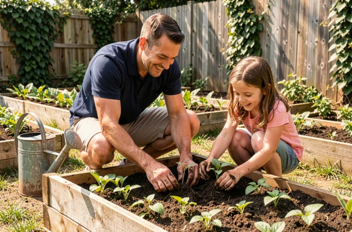 Père et enfant jardinent ensemble dans un jardin familial ensoleillé, activité éducative et moment de complicité parentale