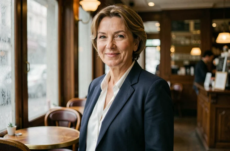 Actrice française élégante d'une cinquantaine d'années dans un café parisien, regard confiant et sourire naturel