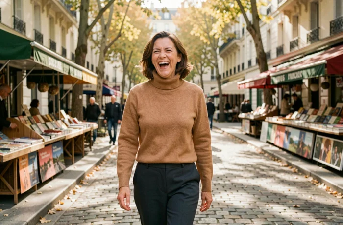 Actrice française épanouie dans une rue pavée parisienne avec étals de bouquinistes et platanes dorés en automne