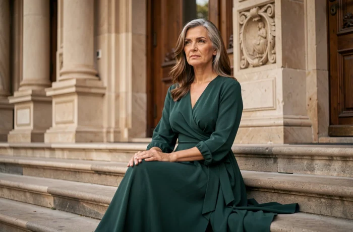 Actrice française d'une cinquantaine d'années assise devant un théâtre néoclassique, robe émeraude et cheveux naturels