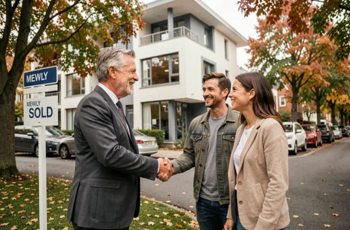 Agent immobilier et couple souriant devant leur nouveau bien immobilier après obtention du crédit