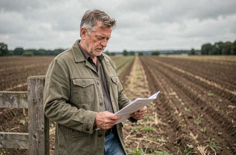 Agriculteur français étudiant un document administratif appuyé sur une clôture en bois au bord de ses terres agricoles