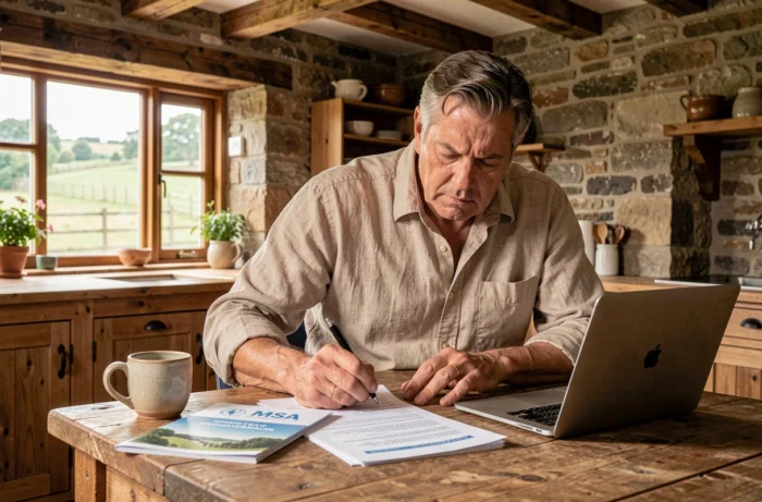 Agriculteur consultant des documents administratifs MSA et des tableaux de surface agricole à la table de sa ferme
