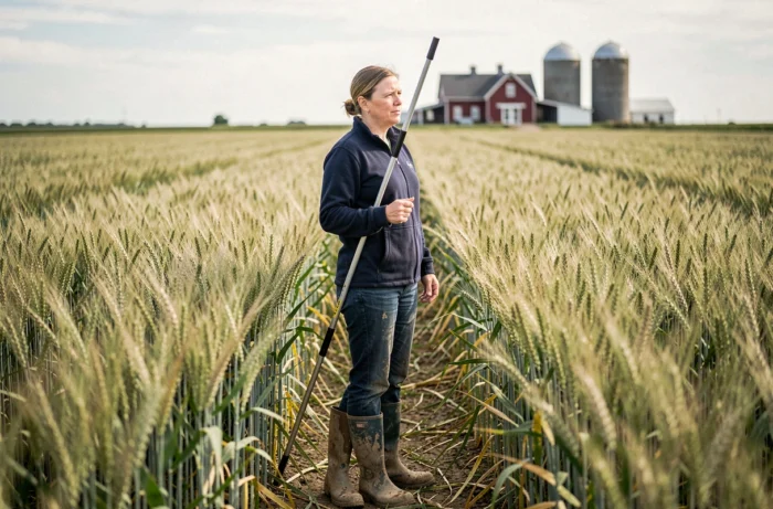 Agricultrice arpentant un vaste champ de blé avec une canne de mesure pour évaluer la superficie de son exploitation