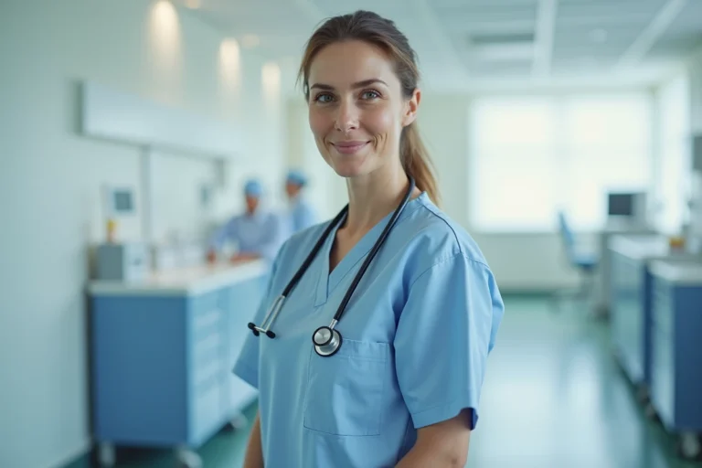 Aide-soignante en blouse bleue debout dans un couloir d'hôpital, illustrant le métier et la retraite des aides-soignantes en France