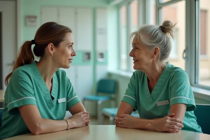 Deux aides-soignantes discutant dans une salle de pause d'un établissement de soins, évoquant les conditions de travail et la retraite