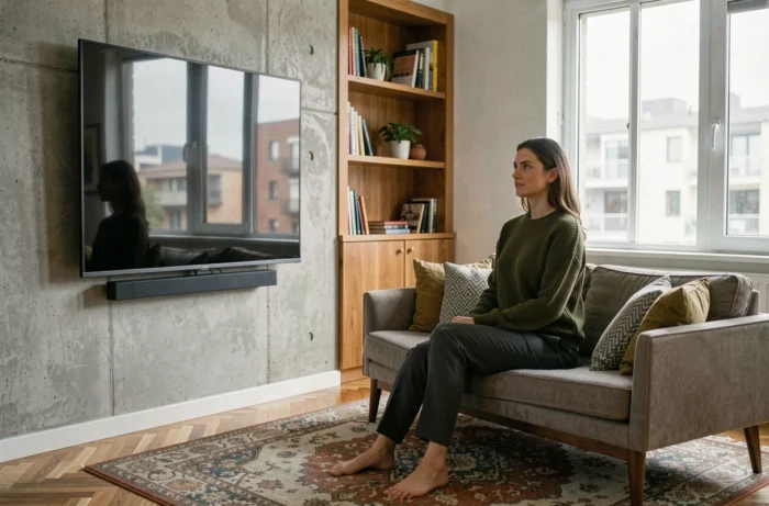 Femme assise sur un canapé regardant une TV 75 pouces installée à la bonne hauteur dans un appartement moderne