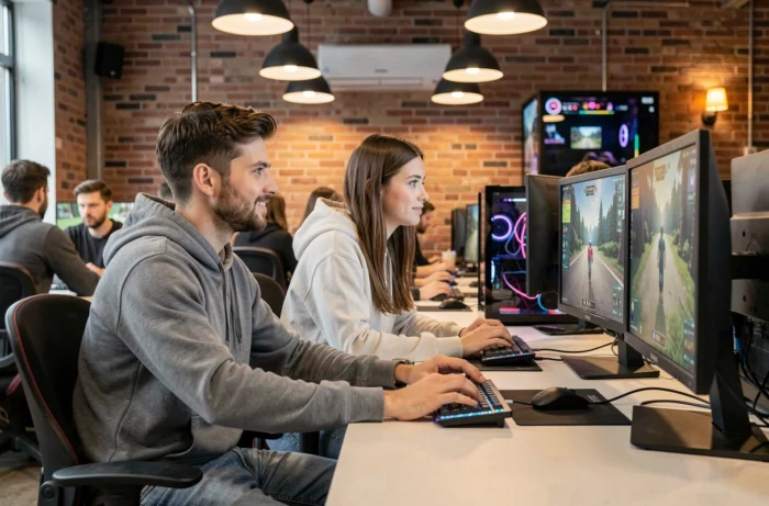 Deux amis jouant à des jeux en ligne côte à côte dans un gaming café moderne