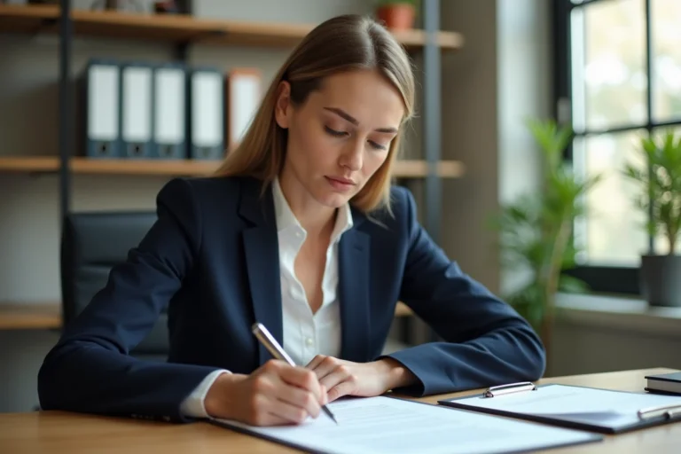 Professionnelle des ressources humaines analysant un contrat de convention collective CCN51 dans un bureau administratif