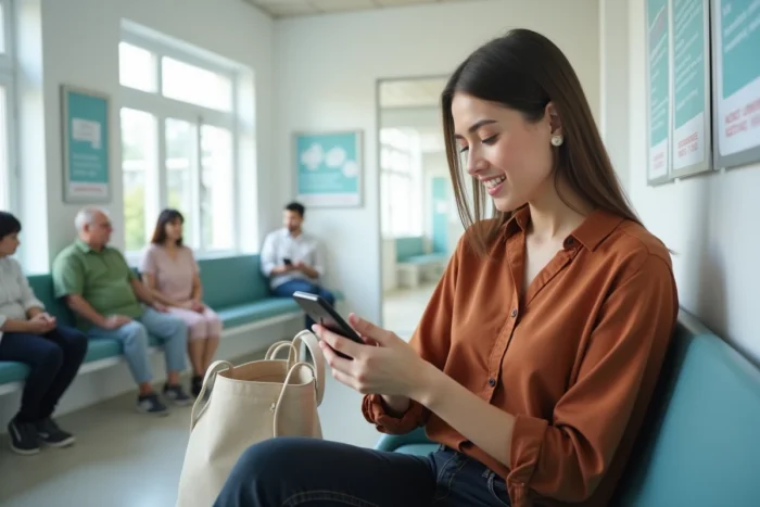 Jeune femme utilisant une application mobile pour trouver des annonces santé fiables dans une salle d'attente de centre de santé