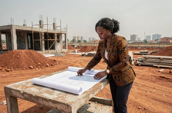 Architecte sénégalaise examinant des plans sur un chantier de construction à Dakar, symbole d'un métier noble reconnu à l'international