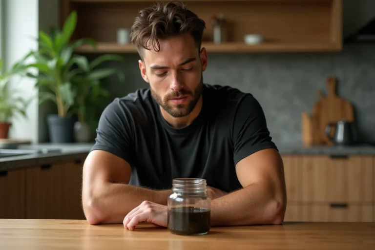 Athlète masculin examinant une résine de Shilajit dans un pot en verre posé sur une table en bois dans une cuisine moderne