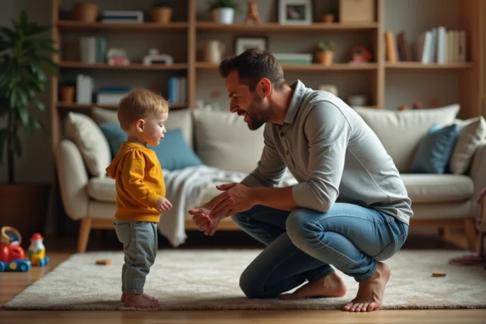 Un homme adulte s'agenouille à hauteur d'un jeune enfant qui le regarde avec prudence, illustrant la construction progressive d'un lien d'attachement