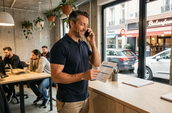 Auto-entrepreneur français gérant sa facturation dans un espace de coworking urbain