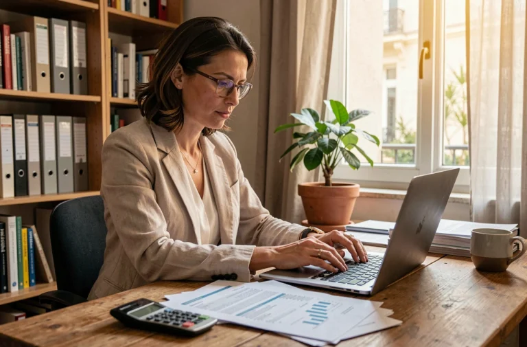Auto-entrepreneuse française consultant ses documents de chiffre d'affaires dans un bureau à domicile à Paris