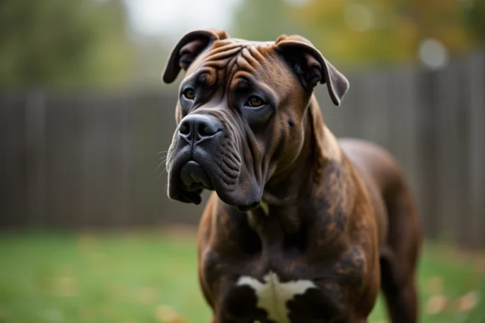 Chien Bandog musclé en extérieur, mettant en valeur sa tête large et sa mâchoire exceptionnellement puissante