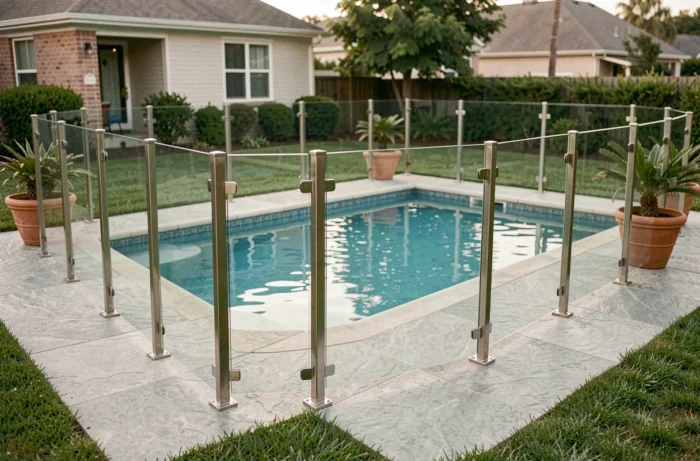Barrière de piscine en verre trempé transparent conforme aux normes de sécurité autour d'une piscine résidentielle moderne