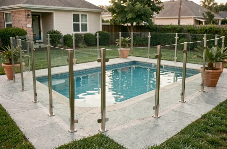 Barrière de piscine en verre trempé transparent conforme aux normes de sécurité autour d'une piscine résidentielle moderne