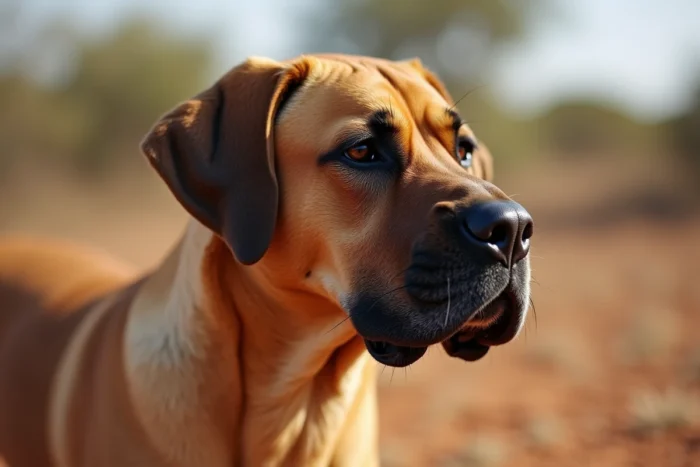 Chien Boerboel debout dans la savane, illustrant sa morphologie robuste et sa mâchoire d'une force redoutable
