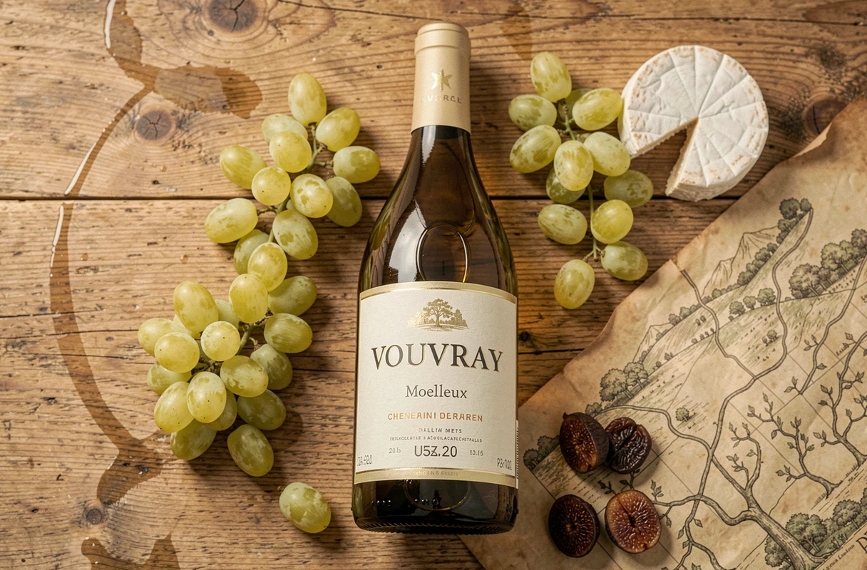 Bouteille de Vouvray Moelleux avec raisins Chenin Blanc, fromage de chèvre et carte de vignoble sur table en bois