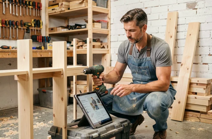 Homme bricoleur consultant un tutoriel en ligne sur tablette dans un atelier de bricolage bien organisé