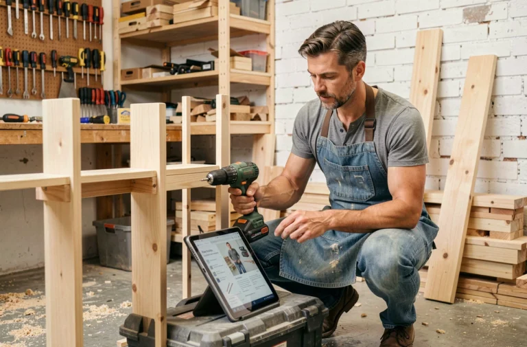 Homme bricoleur consultant un tutoriel en ligne sur tablette dans un atelier de bricolage bien organisé