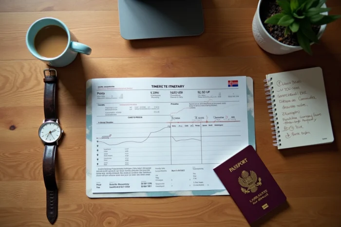 Bureau de planification de voyage avec itinéraire de vol Paris-Bangkok, passeport et notes manuscrites