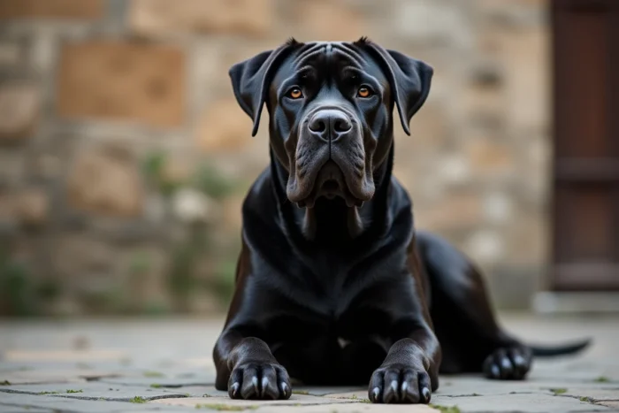 Cane Corso adulte assis dans une cour en pierre, sa mâchoire massive et son regard intense bien mis en valeur