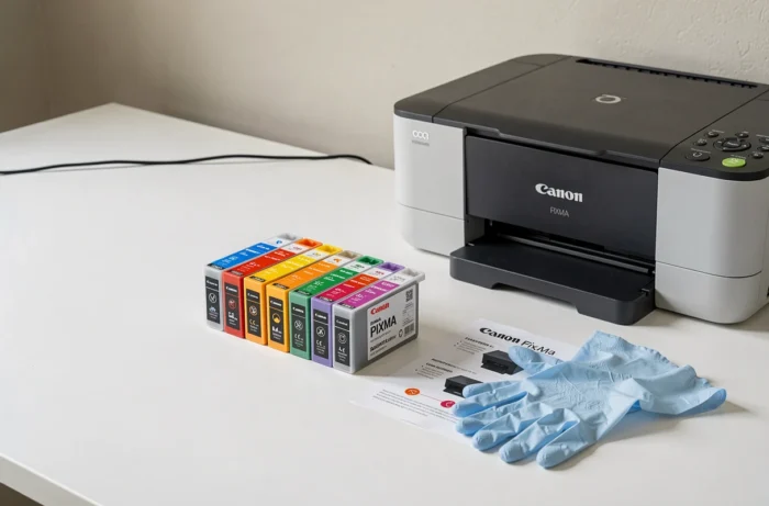 Cartuchos de tinta Canon Pixma dispostos com guia de manutenção e luvas para procedimento de reinicialização
