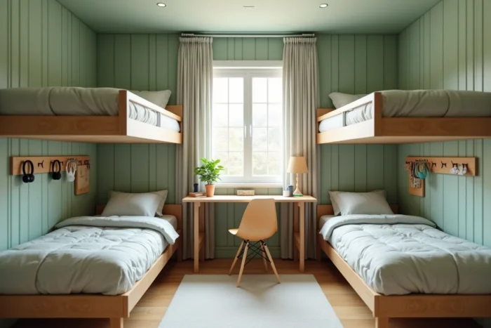 Petite chambre avec deux lits mezzanine et espaces bureau intégrés pour optimiser chaque recoin de la pièce