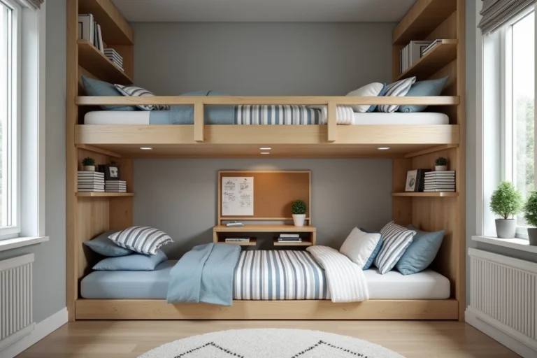 Chambre partagée pour deux garçons avec lit superposé en bois clair et étagères intégrées pour optimiser l'espace