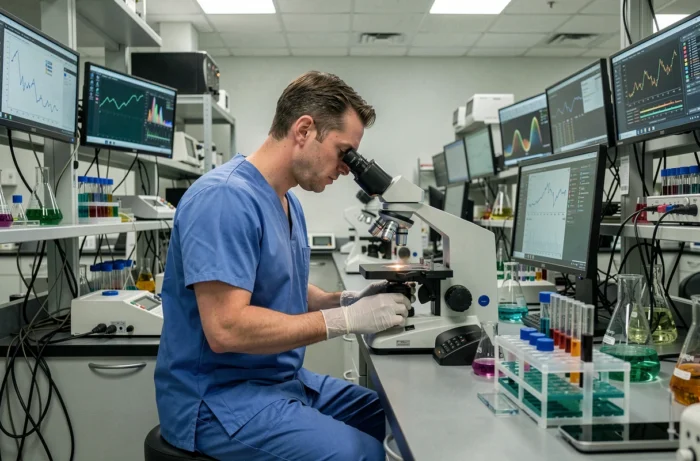 Ricercatore medico che analizza campioni al microscopio digitale in un laboratorio scientifico all'avanguardia