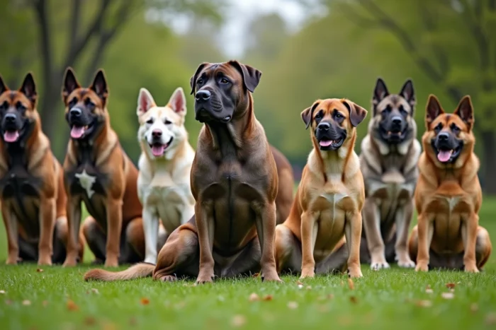 Groupe de chiens aux mâchoires puissantes réunis dans un parc, illustrant le classement des races les plus mordantes