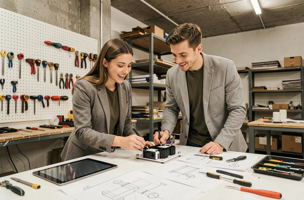 Deux professionnels collaborant sur un prototype dans un studio de design créatif, illustrant l'innovation à l'intersection du design et de la technologie