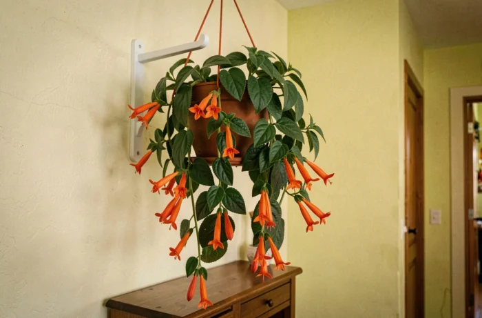 Columnea gloriosa aux fleurs tubulaires orange vif retombant de son pot en terre cuite accroché dans un couloir chaleureux