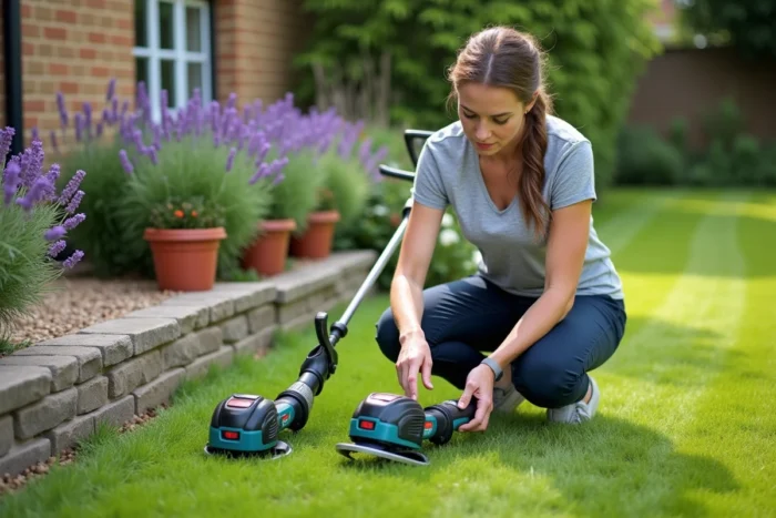 Femme comparant deux taille-bordures sans fil pour choisir le meilleur modèle pour son jardin