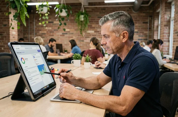 Hombre adulto siguiendo un módulo de competencias digitales en una tableta en un espacio de coworking