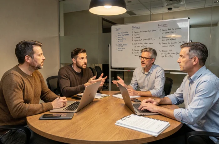 Gruppe von Erwachsenen in einer Besprechung um einen Konferenztisch, die das Management eines kollektiven Konflikts im Unternehmen veranschaulicht