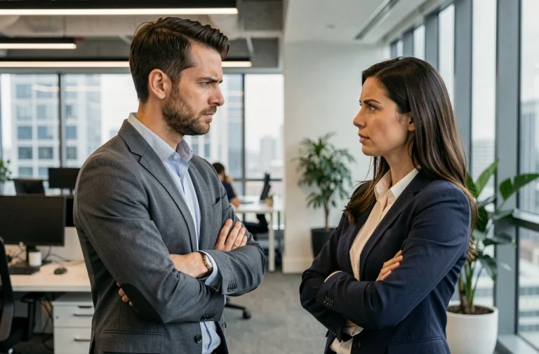 Deux collègues en désaccord dans un bureau moderne, illustrant un conflit professionnel interpersonnel au travail