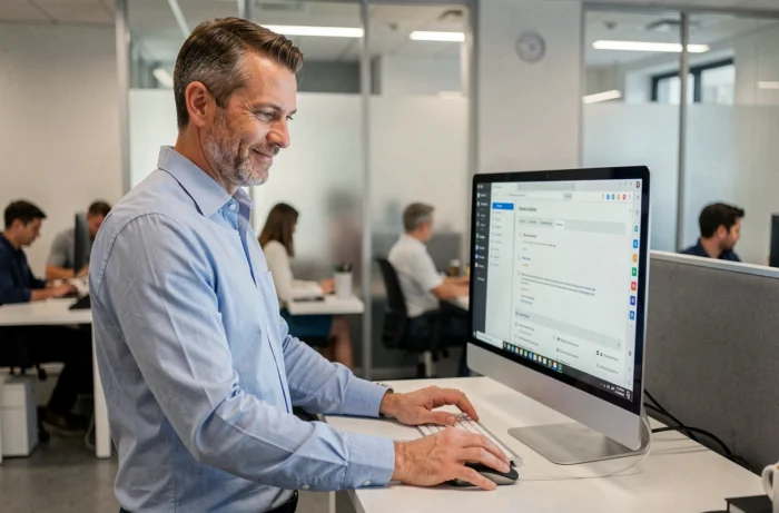 Mann, der das Orchestra-Portal auf einem Desktop-Computer in einem professionellen Arbeitsumfeld konsultiert