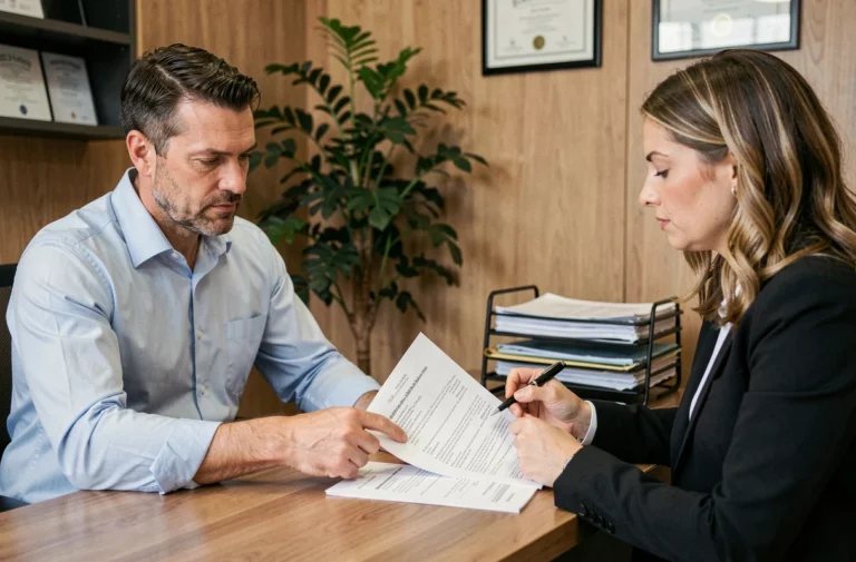 Un homme et une conseillère financière examinent un contrat d'assurance de prêt immobilier dans un bureau professionnel moderne