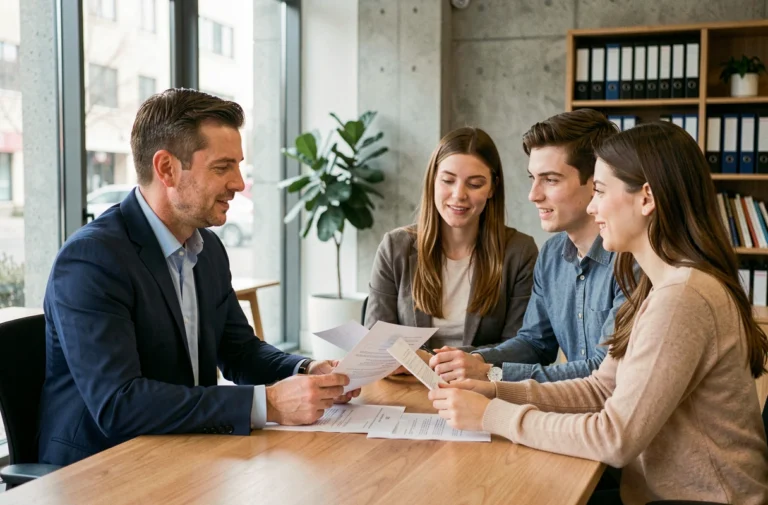 Conseiller bancaire expliquant un dossier de crédit immobilier à un jeune couple dans un bureau moderne