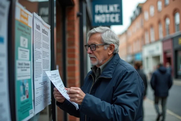 Homme consultant un panneau d'affichage communautaire devant une pharmacie pour trouver des annonces santé locales