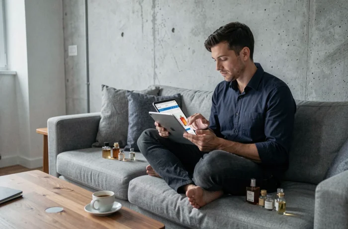 Homme consultant un site de vente de parfums en ligne sur une tablette entouré de flacons d'échantillons