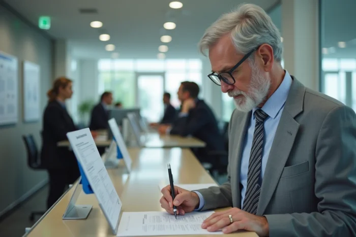 Agent de la fonction publique remplissant un formulaire de contestation de promotion hors classe au guichet