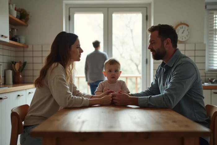 Une mère, son nouveau partenaire et un enfant autour d'une table pendant que le père biologique arrive en arrière-plan, illustrant la coparentalité active