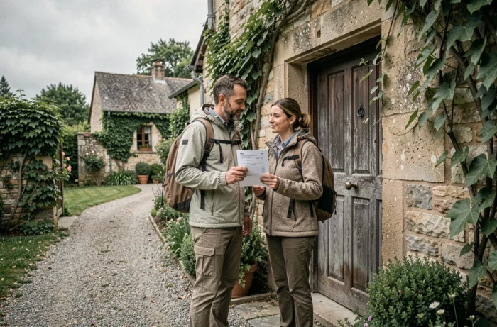 Couple de voyageurs arrivant dans une location Airbnb en cottage de pierre avec documents de réservation et couverture Aircover