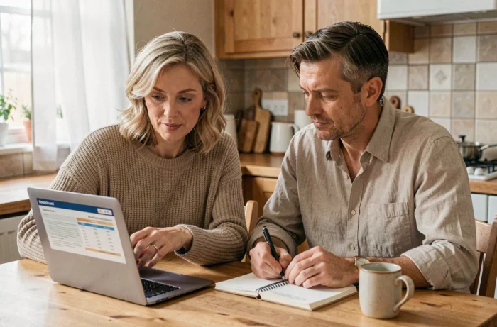 Un couple compare des offres d'assurance emprunteur sur un ordinateur portable à la table de leur cuisine